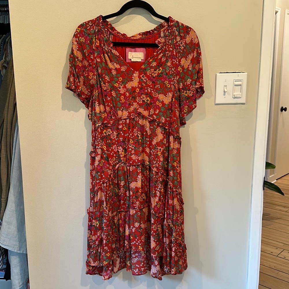 ANTHROPOLOGIE Boho Red Floral Midi Dress sz L